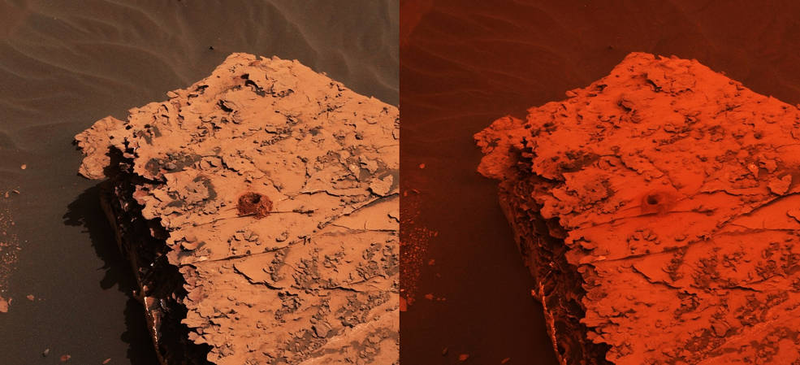 Two images taken by Curiosity rover show the change in the color of light illuminating the Martian surface since a dust storm engulfed Gale Crater. The left image shows the “Duluth” drill site on May 21, and the right image is from June 17. The vivid red color is due to different exposure times for the two images, and to dust grains in the atmosphere letting red light through to the surface, but not green or blue.